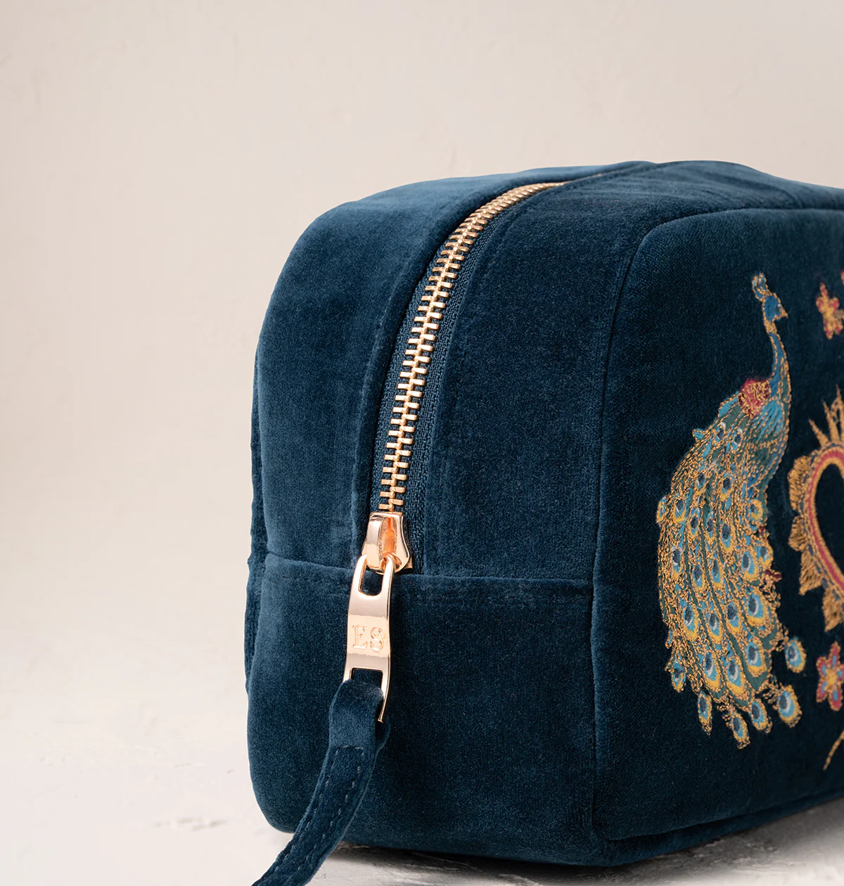 Peacock Floral Ink Blue Velvet Makeup Bag - Image 3